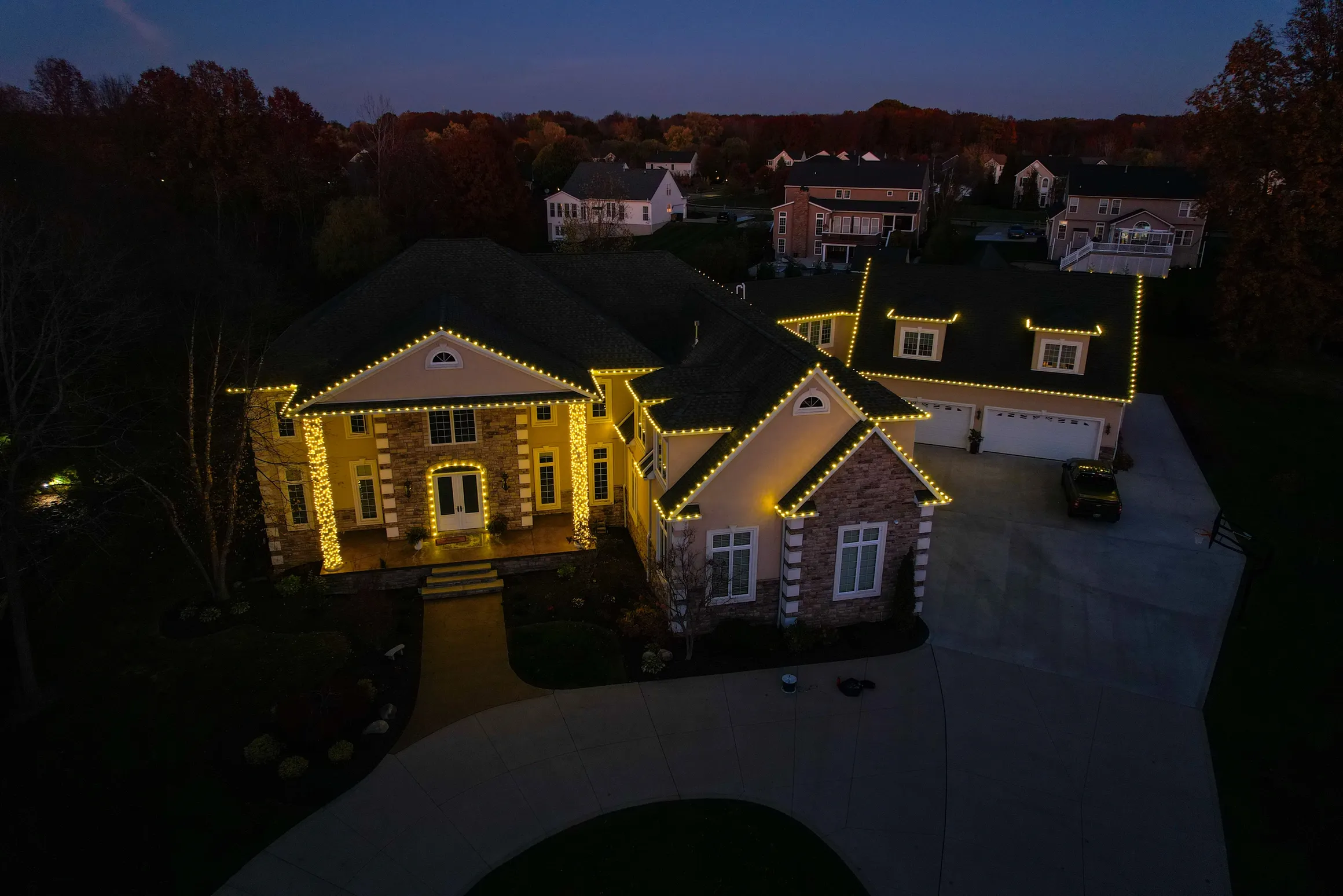 Beautiful LED Christmas lights display on home