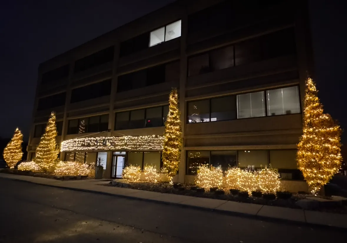 Commercial frontage with lit shrubs, wrapped trees, and holiday lighting
